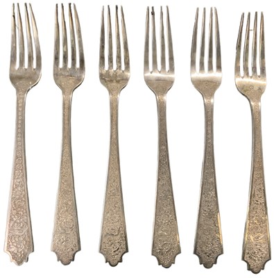 Lot 1298 - A set of six white metal forks, combined...