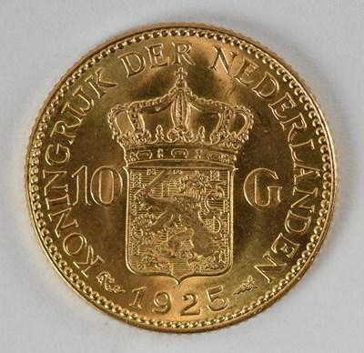 Lot 1589 - A Dutch ten guilders gold coin, 1925, diameter...