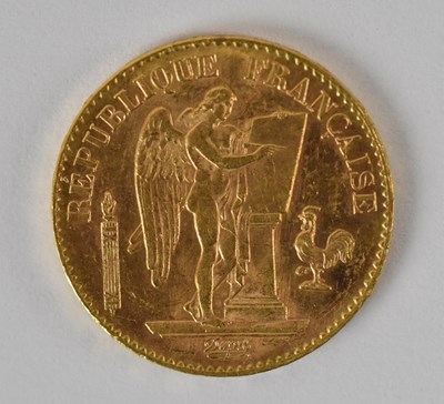 Lot 1584 - An 1893 French twenty francs gold coin,...