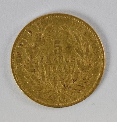 Lot 1612 - An 1854 French five francs gold coin, diameter...