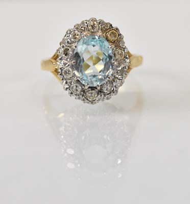 Lot 1444 - An 18ct yellow gold aquamarine and diamond set...