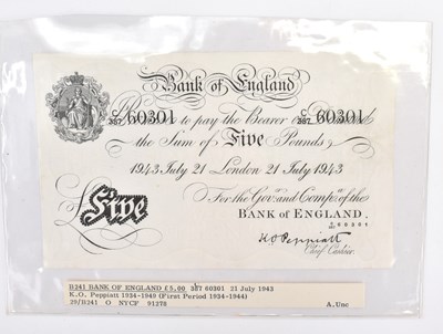 Lot 938 - BANK OF ENGLAND; a £5 note 'white fiver', July...