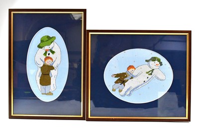 Lot 744 - THE SNOWMAN; two cross stitch pictures, both...