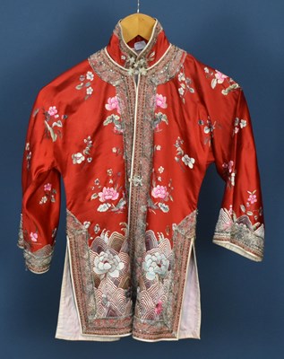 Lot 857 - A red 1960s silk satin lined Chinese jacket...