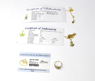Lot 814 - A sapphire and blue diamond pendant on 9ct gold chain