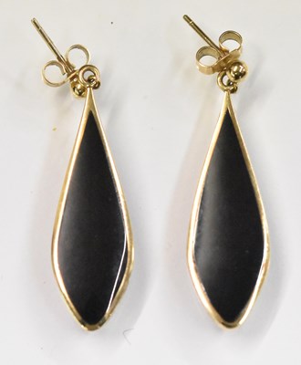 Lot 1524 - A pair of 9ct yellow gold onyx set teardrop...