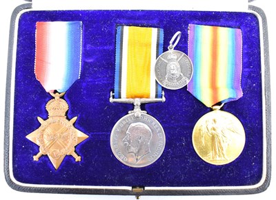 Lot 602 - A WWI cased trio of medals comprising British...