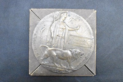 Lot 608 - A WWI memorial plaque awarded to Frederick...