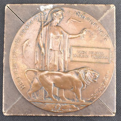 Lot 612 - A WWI memorial plaque awarded to Hugh Percival...