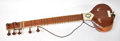 Lot 837 - A sitar with penwork bone inlay, length 111cm.