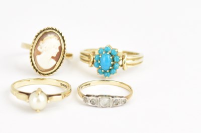 Lot 981 - Four 9ct gold dress rings comprising cameo,...