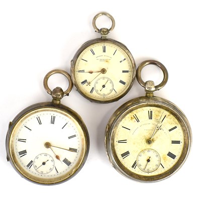 Lot 1059 - Three hallmarked silver cased open face pocket...