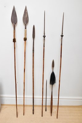 Lot 2583 - A collection of six African spears, two...
