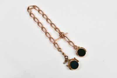 Lot 2450 - A 9ct yellow gold fob chain with two blood...