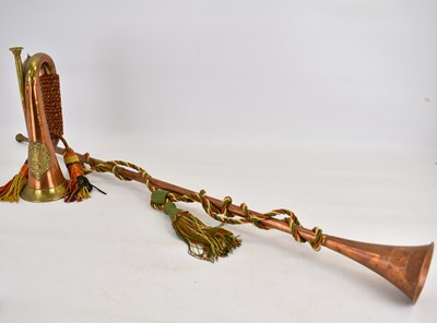 Lot 629 - A copper and brass bugle with emblem for...