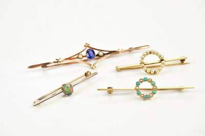 Lot 370 - A 15ct yellow gold seed pearl and turquoise...