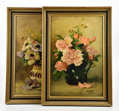 Lot 1800 - L J LAMB; pair of oils on board, still life of...