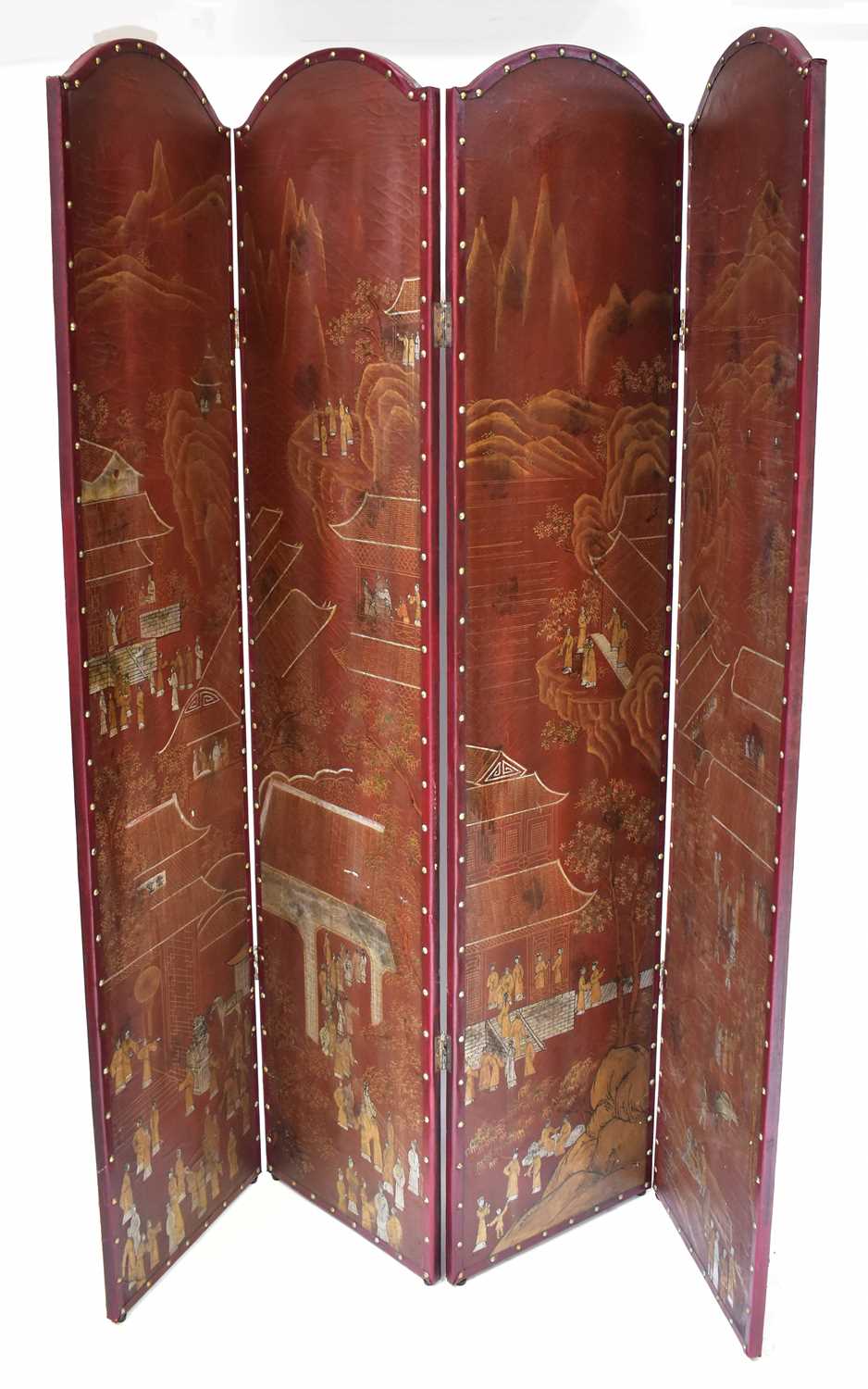 Lot 21 - An Oriental-style four-panel screen decorated...