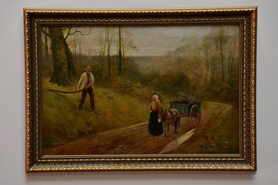 Lot 1785 - R DOUGLAS; oil on canvas, donkey and cart,...