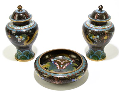 Lot 558 - A pair of Chinese cloisonne lidded vases,...