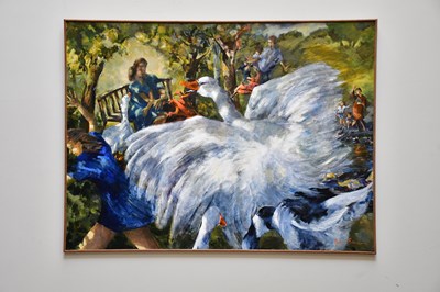 Lot 427 - JUNE BEVAN; oil on board, 'Confrontation',...