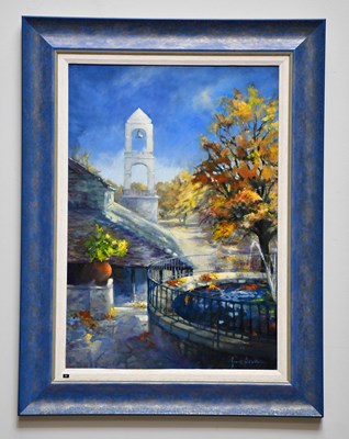 Lot 388 - JUNE BEVAN; oil on board, 'Tower in Greece',...