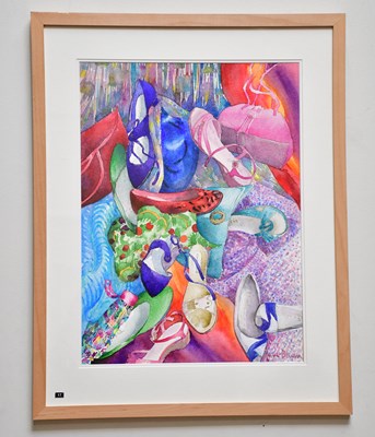 Lot 345 - JUNE BEVAN; watercolour, 'Shoes and Scarves',...