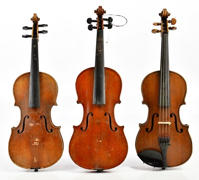 Lot 1043 - Three German half size violins comprising a...
