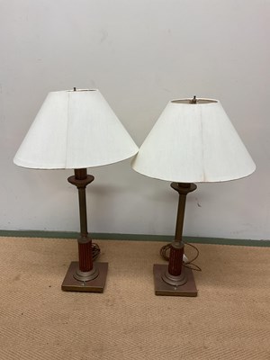 Lot 588 - A pair of brass and wooden table lamps, height...