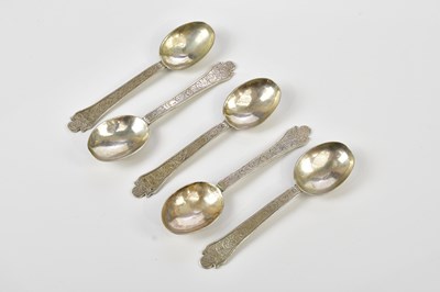 Lot 2125 - Five Continental white metal rat tail spoons,...