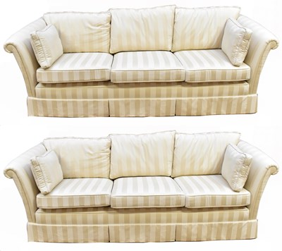 Lot 1723 - A pair of modern striped beige three seater...