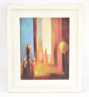 Lot 522 - HAN MES (born 1936); oil, figures on striped...