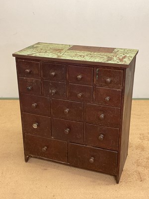 Lot 662 - A stained pine workshop cabinet with an...