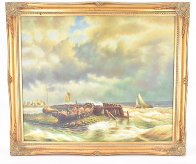 Lot 516 - E, PONTHIER; oil on board, men with rowing...