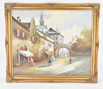 Lot 517 - HENRY MOIR; oil on board, Continental town...