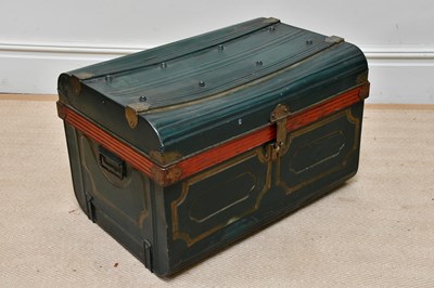 Lot 1689 - A green and red painted vintage metal trunk,...