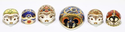 Lot 625 - ROYAL CROWN DERBY; six animal form...