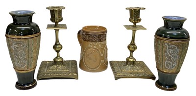 Lot 645 - DOULTON LAMBETH; a pair of stoneware vases,...