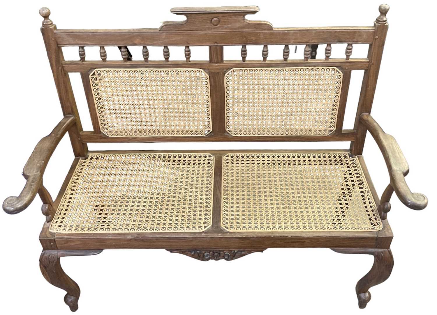 Lot 33 - A mahogany bergère settee on cabriole legs.