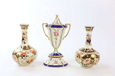 Lot 2427 - A pair of Derby 'Imari' pattern vases, height...