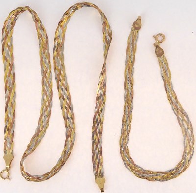Lot 845 - A 9ct gold three-colour braided necklace and matching bracelet