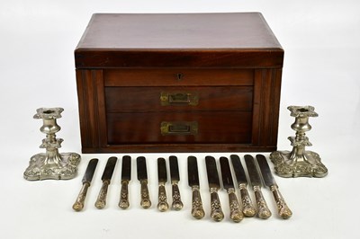 Lot 1750 - A mahogany canteen box with contents of sundry...