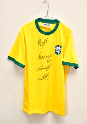 Lot 1823 - BRAZIL; a 1970s retro style football shirt,...
