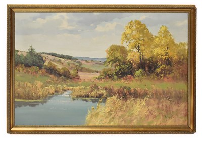Lot 1093 - PETER COX; oil on canvas, landscape with river,...