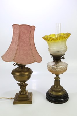 Lot 1788 - A Victorian brass oil lamp with cut glass font...