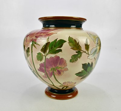 Lot 2229 - DOULTON FAIENCE; a hand painted footed vase...
