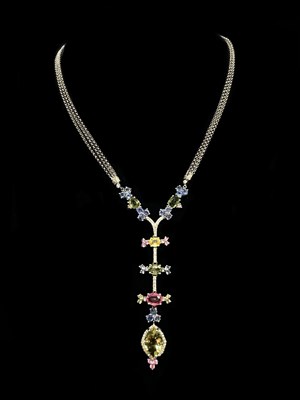 Lot 1377 - An 18ct yellow gold diamond and coloured...