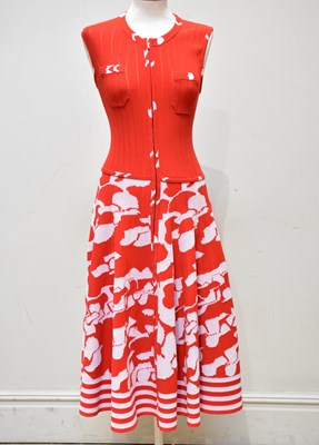 Lot 887 - CHANEL; a red and white cotton mix A-line...
