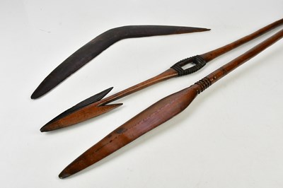 Lot 2745 - Two African hardwood spears, together with a...