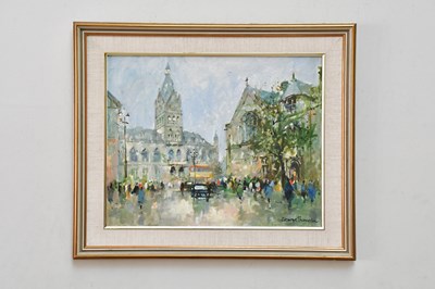 Lot 1791 - GEORGE THOMPSON; oil on board, street scene,...
